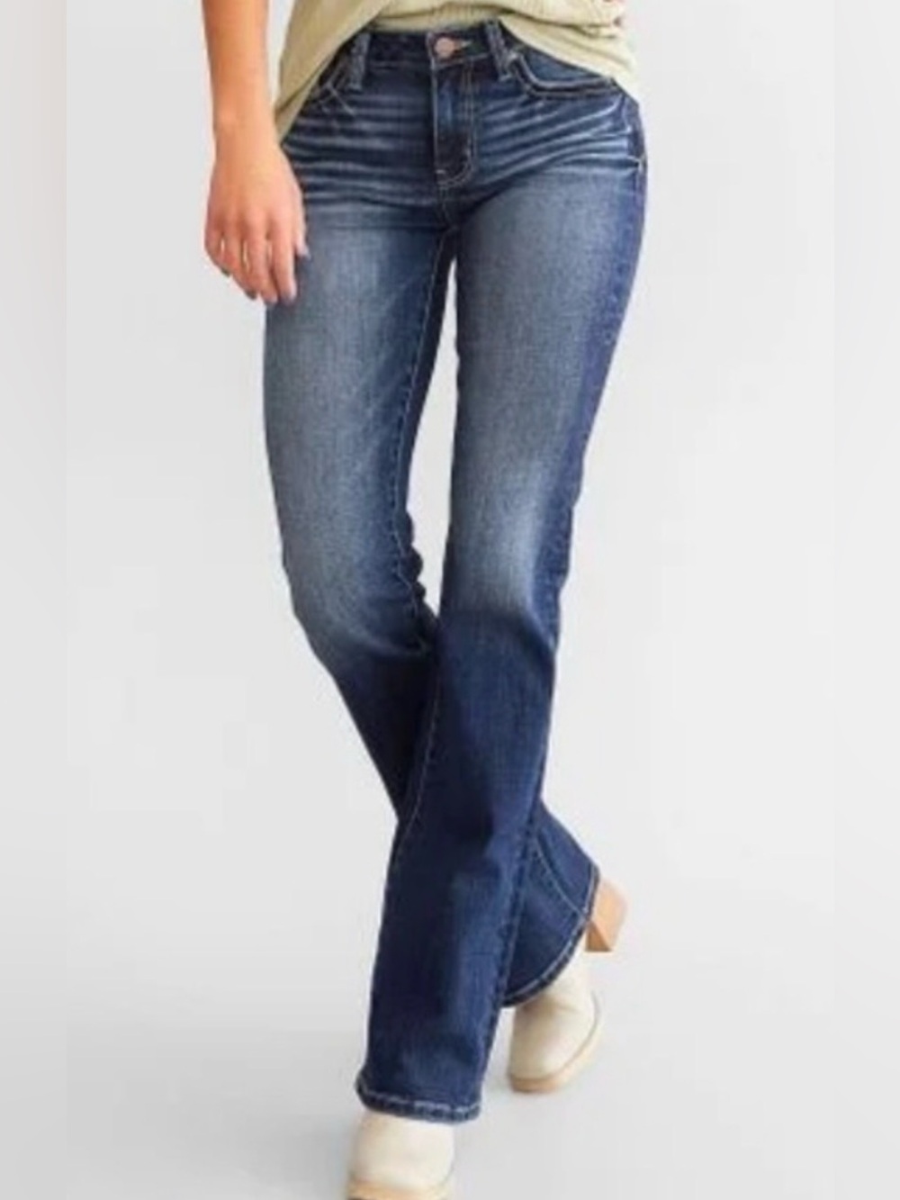 BKE Denim Flare Jeans in Dark Blue Wash. Waist 16”. Rise 9”. Inseam 30”